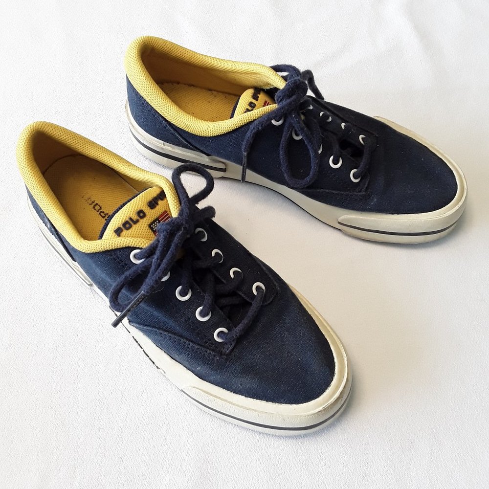 Polo Navy with yellow trim sneakers/boat shoes